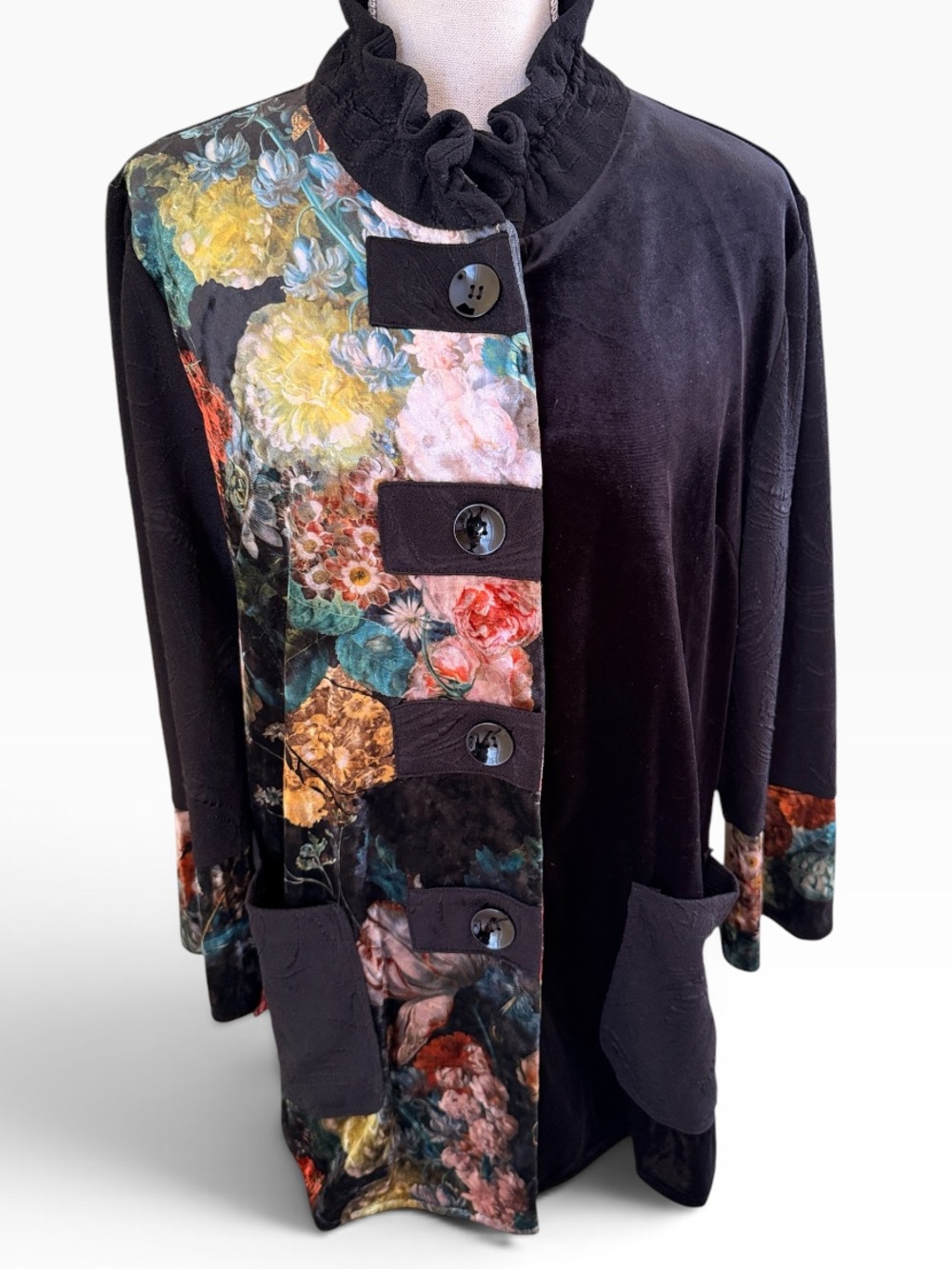 Calessa Black Velvet Floral Panel Button-Front Tunic Top L